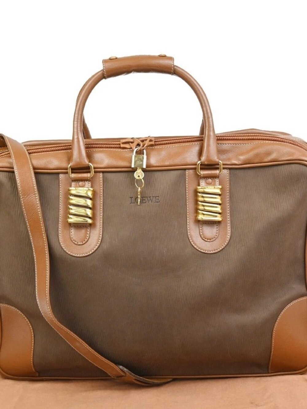 LOEWE LOGO Velazquez Travel 2Way Shoulder Hand bag Suede Leather Brown 31TA577